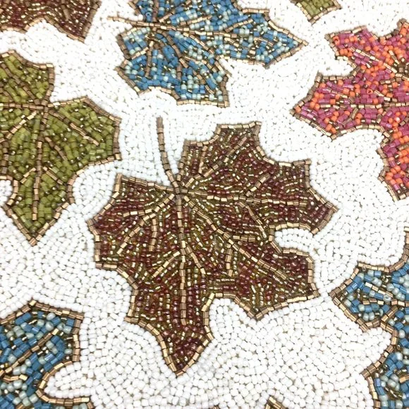 x2 Tahari Fall Maple Leaves Beaded Placemat Set Orange Blue Green Decor 14
